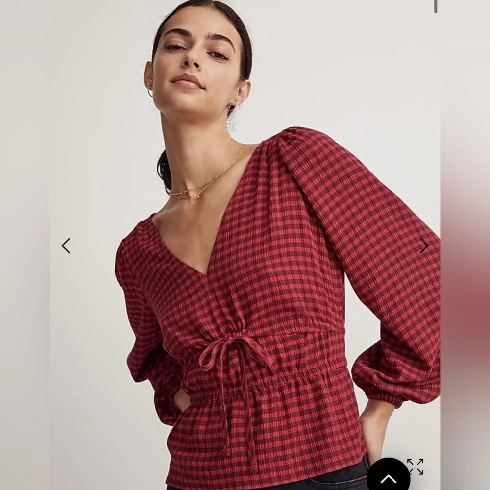 Madewell Crinkled V-Neck Peplum Top in Plaid-like new condition, size XL - Picture 3 of 12